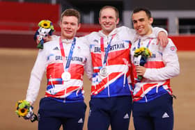 Silver medalists Jack Carlin, Jason Kenny and Ryan Owens of Team Great Britain, pose on the podium during the medal ceremony (Getty Images)