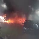 Ambulance explodes and bursts into flames in Barton-under-Needwood, Staffordshire.