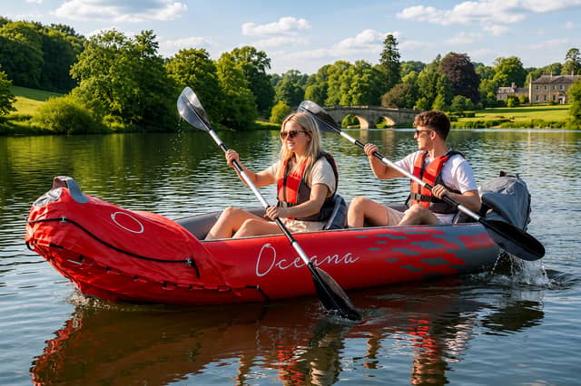 The Summit Oceana inflatable kayak includes paddles, seats and a carry bag for easy summer adventures