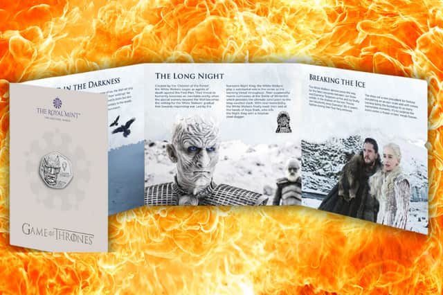 The commemorative Game of Thrones coins are presented in a collector's pack exploring the story behind the Ice and Fire designs inspired by the hit fantasy series.