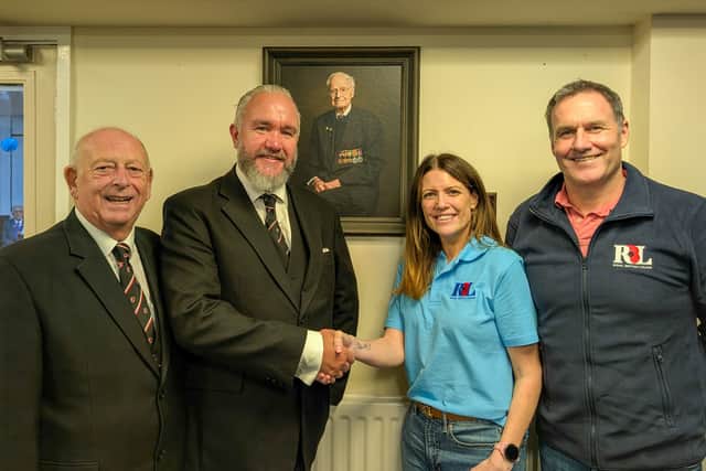 Spencer Wisdom (Worshipful Master) and Chris Soper (Treasurer) of the Old Dunstablians meet with Laura Lovell, Poppy Appeal Organiser, and Mike Lovell, Chair of the Leighton Buzzard RBL Branch, to present the donation.