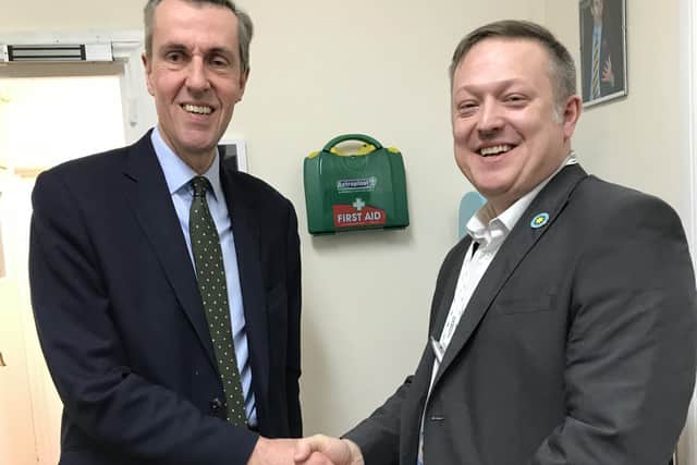 Andrew Selous MP with East of England Ambulance Trust chief operating officer Marcus Bailey