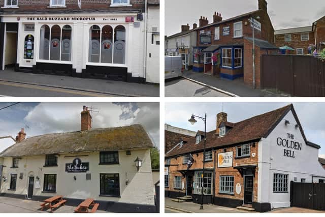 Clockwise from top left: The Bald Buzzard; The White Horse; The Golden Bell; The Dukes Head. Credit: The Bald Buzzard; Google Maps; The Golden Bell; Google Maps.