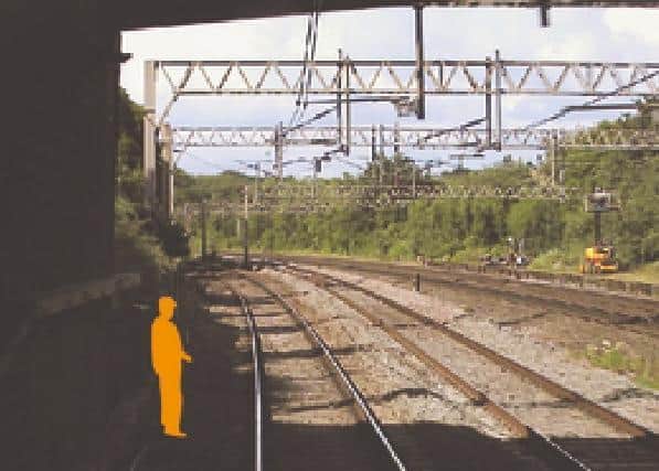 Forward facing CCTV image showing position of track worker within an area of limited clearance (courtesy of Avanti West Coast)