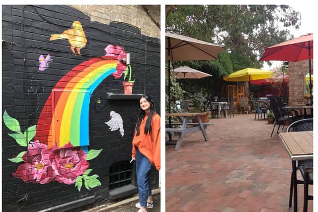 Left: Willow and the mural. Right: the new garden.