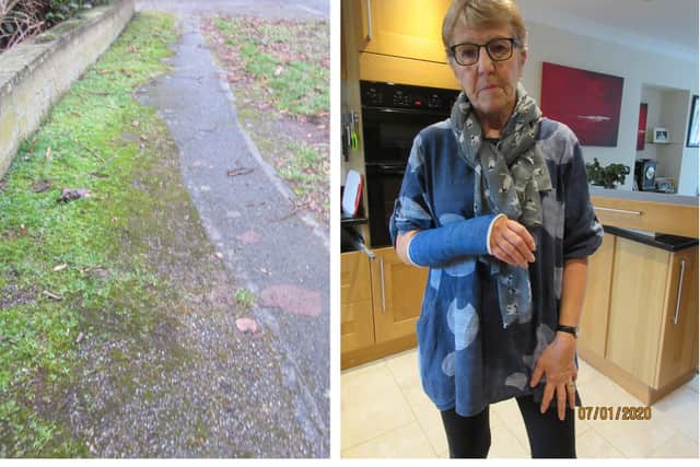 Left: One of Lime Grove's pavements covered in moss. Right: Sandy with her broken wrist.