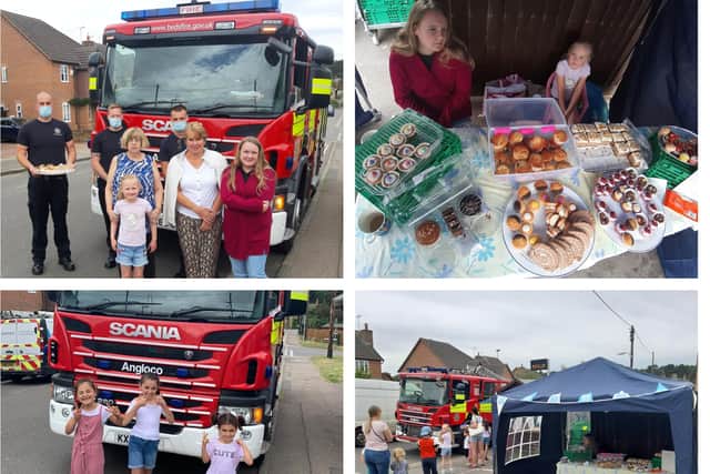 Clockwise from top left; the firefighters and the community; the delicious cakes; the stall; local sisters Illana , Preeya, and Zarina.