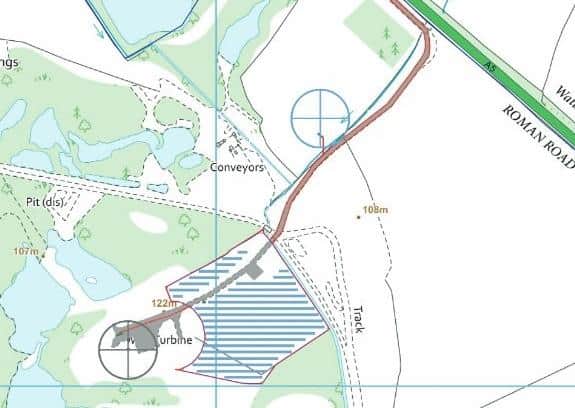 Checkley Wood Energy Ltd’s plan. Blue lines represent the solar farm, while the operating Double Arches wind turbine is represented by the grey circle, and the consented Checkley Wood wind turbine by the blue circle.
