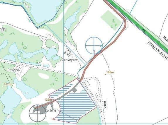 Checkley Wood Energy Ltd’s plan. Blue lines represent the solar farm, while the operating Double Arches wind turbine is represented by the grey circle, and the consented Checkley Wood wind turbine by the blue circle.