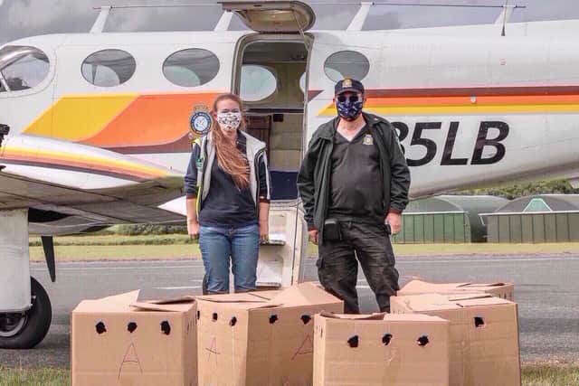 Graham and Helen Mountford of the UK Civil Air Patrol prior to take-off from Inverness with their cargo of sea eagle chicks.