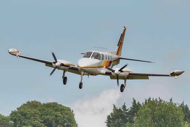 The Cessna 340 arriving at Bembridge airfield on the Isle of Wight.