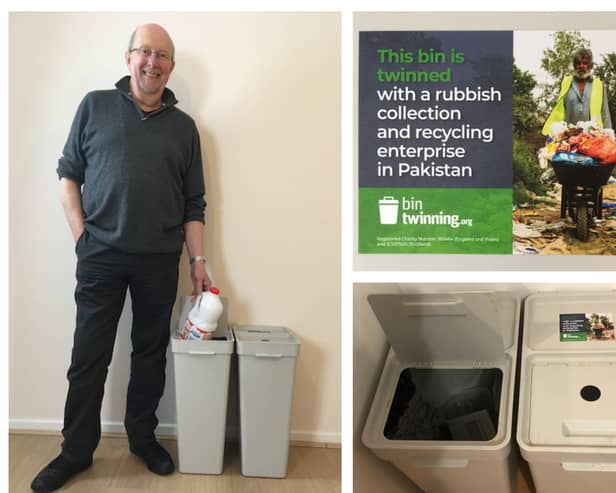 Caz with his bins and (top right) the bin twinning sticker.