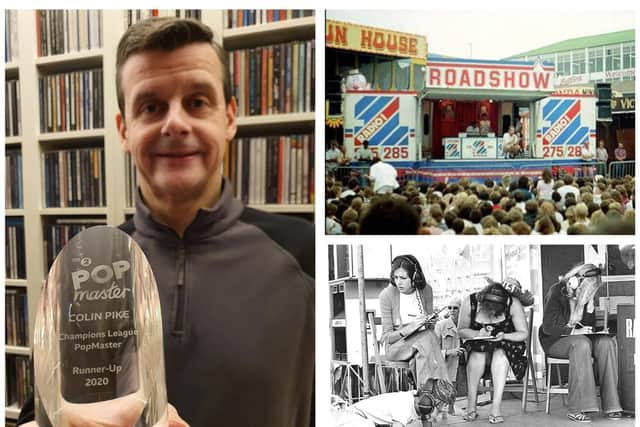 Colin with his trophy. Right: Colin, 11, won a music quiz at a Radio 1 Roadshow, 1976.
