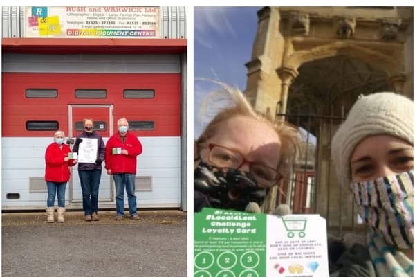 Left: Rush and Warwick kindly printed the #Local4Lent cards. Right: Local campaigners display the loyalty cards.
