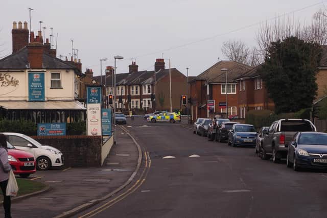 "A shot taken by walking on the road towards the Ship Inn, showing the barrier to entering Wing Road, and where cars were being turned around by the police." Photo: Harry Adam.