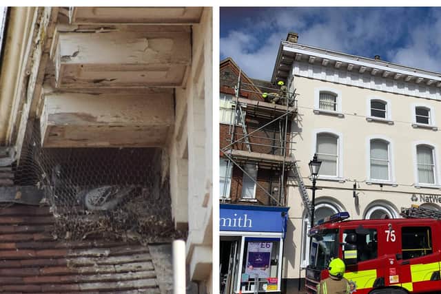 Trapped birds. Right: the fire brigade at the scene. Photo: Bedfordshire Wildlife.