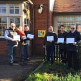 L-R at The Anchor: Maurice Box (standing in for EDC Construction (Beds) Ltd), Tristan Day of Goodfellers Ltd, Kevin Molyneaux of Leighway Brickwork Ltd, Josh Venn of Vennscapes Ltd and Tony Tearle of Balguard Engineering Ltd - with Diamond donator certificates.