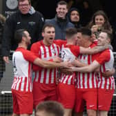 Leighton Town players celebrate after scoring  a goal in the Vase quarter-final in Kent on Saturday       Pictures by Andrew Parker