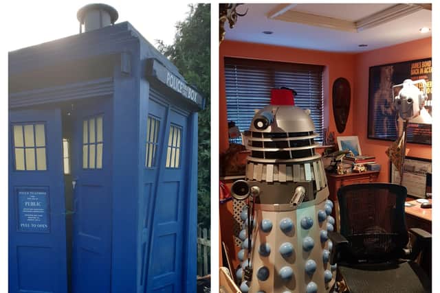 The battered TARDIS and Mark's Dalek.