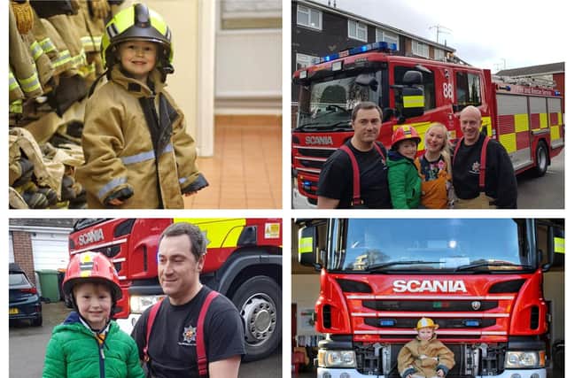 Clockwise (from top left): Frank during the visit; with mum Letty and LB fire crew members on his birthday; with a fire engine; with Fire Chief Richard.