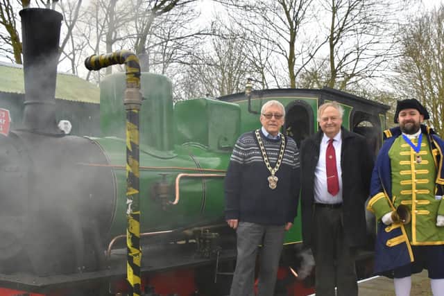 The railway's first (and so far only) operating day of the 2020 season. As is customary, the mayor flags off the first train. Chairman Terry Bendall is flanked by Leighton-Linslade's Mayor and the Town Crier. Photo by  Mark Lewis.