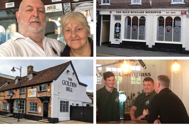 Clockwise from top left: Phil and Alison Thompson; The Bald Buzzard Micropub; Jake and Ryan Moxham in happier times with cricketer Darren Gough; The Golden Bell.