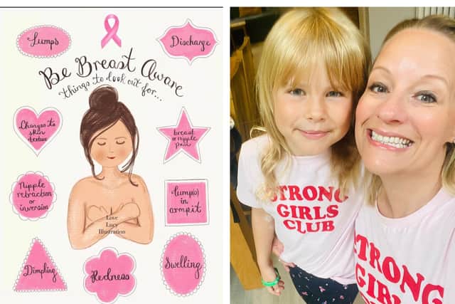 A poster for breast cancer symptoms (left) and Helen with her daughter, Molly.