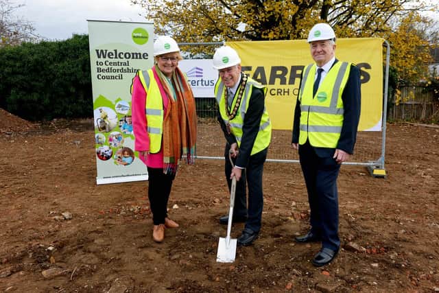 L to R: Carole Hegley, Executive Member for Adults Social Care, Cllr Brian Saunders, Chairman Central Bedfordshire Council symbolically breaking ground, and Cllr Eugene Ghent, Executive Member for Housing & Assets