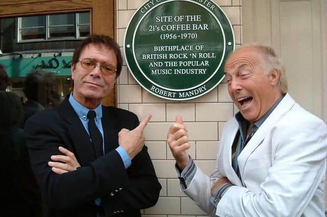 Russ pictured with Sir Cliff Richard at a plaque celebrating the 2i's Coffee Bar.