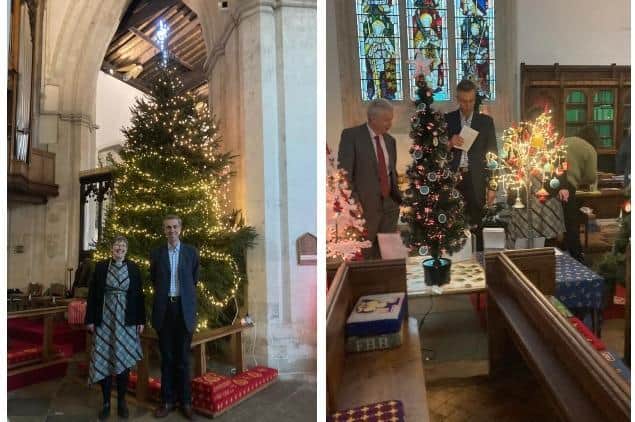 Mr Selous is shown round All Saints Christmas tree festival by Vicar Cate Irving and Richard Parsons.