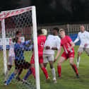 Goalmouth action during Leighton Town's 1-0 home defeat to New Salamis last weekend. Picture by Andrew Parker