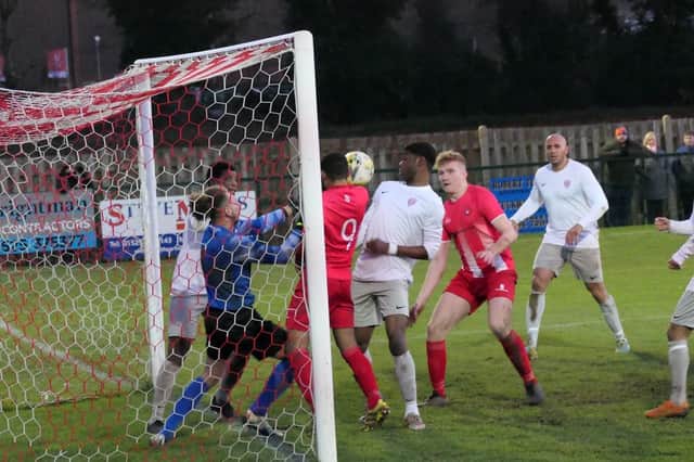 Goalmouth action during Leighton Town's 1-0 home defeat to New Salamis last weekend. Picture by Andrew Parker