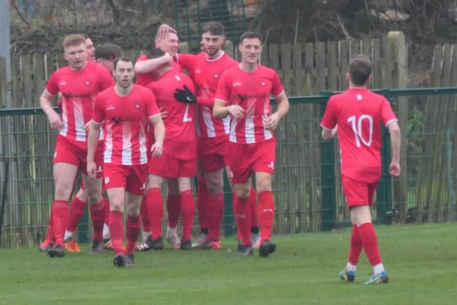Leighton Town players celebrate Kieran Turner's goal against Arlesey Town last weekend  PICTURES BY ANDREW PARKER
