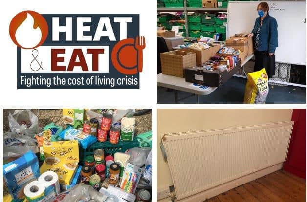JPIMedia Heat and Eat campaign. Top right: Leighton Linslade Helpers food bank headquarters; bottom left: donations to Leighton Linslade Homeless Service.