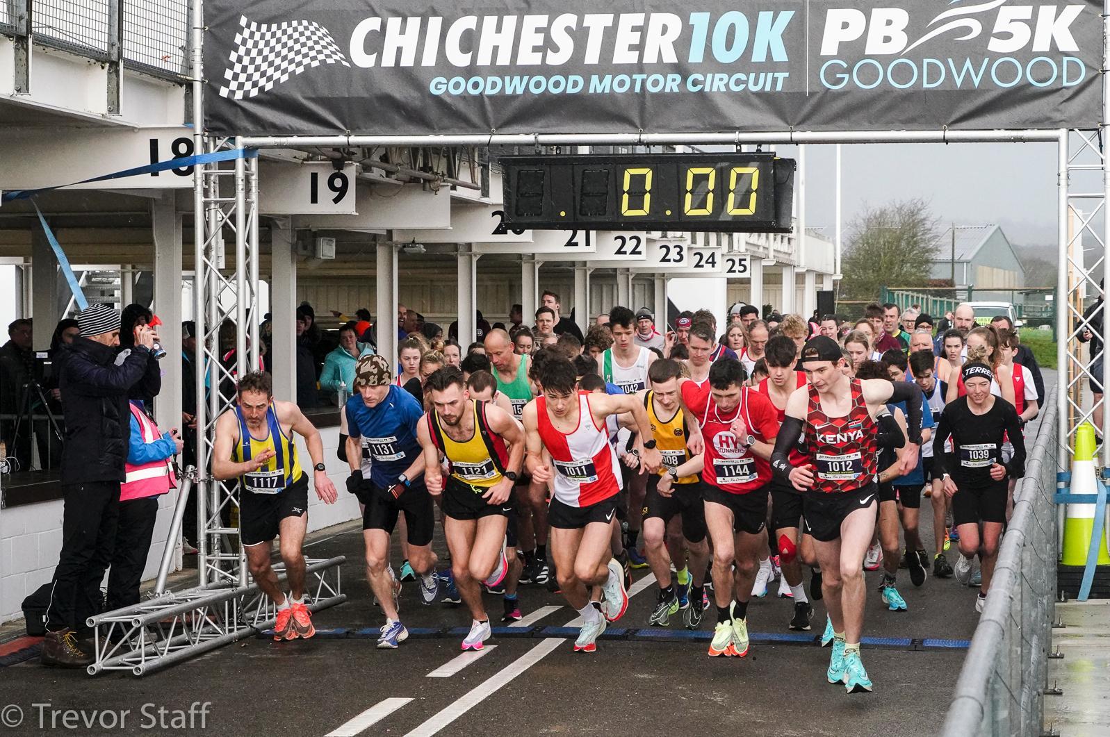 Action from the Chichester PB 5k at Goodwood, held on Sunday morning in wind and rain / Pictures: Trevor Staff and Lyn Phillips