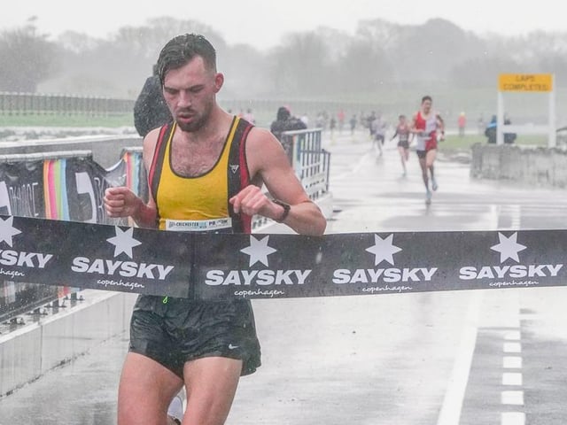 Action from the Chichester PB 5k at Goodwood, held on Sunday morning in wind and rain / Pictures: Trevor Staff and Lyn Phillips