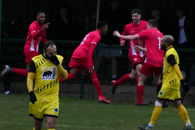 Celebrations for Jervon Campbell's goal against Ardley United   (Picture by Andrew Parker)