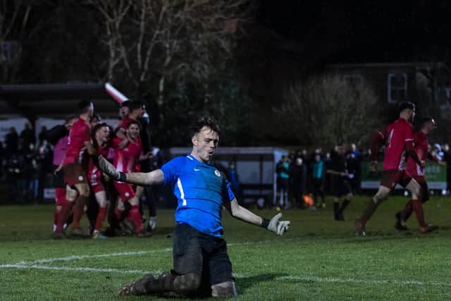 Goalkeeper Connor Coulson and the team celebrate beating the young Hatters side in the Beds Senior Cup