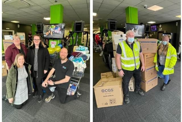 Colleagues from Osborne Morris & Morgan Solicitors, and right, Leighton-Linslade Town Council donates PPE. Images: Energie Fitness.