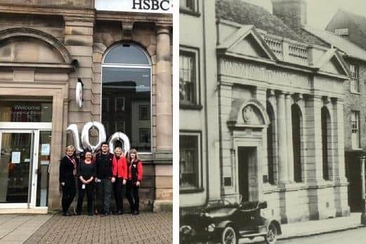 HSBC UK’s Leighton Buzzard branch, photographed in 1922 and also with colleagues outside in 2022 (Credit HSBC / HSBC Archives)