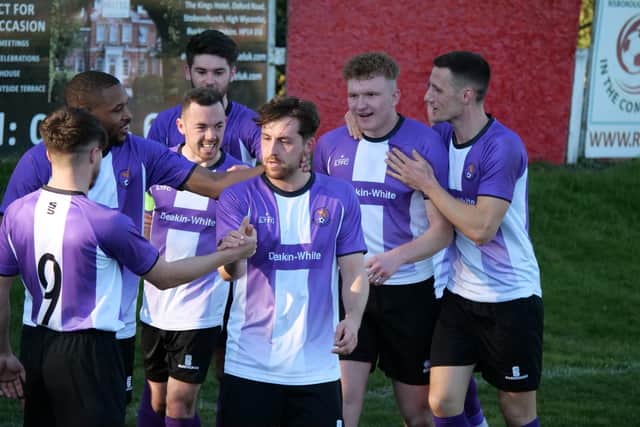 Goal celebrations against Risborough Rangers last weekend (Pictures by Andrew Parker)