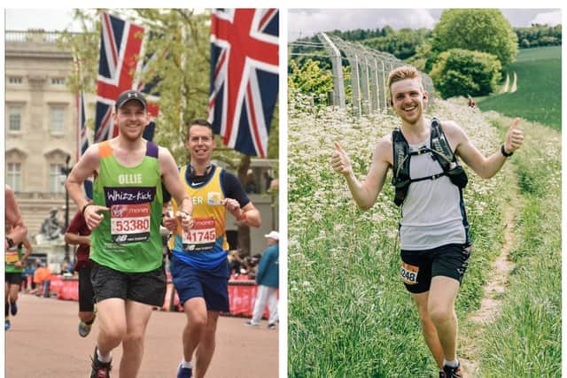 Ollie (left) at the London Marathon, and enjoying the countryside.