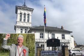 Flying the rainbow flag outside Leighton Linslade Town Council offices; (inset) Cllr Pat Carberry