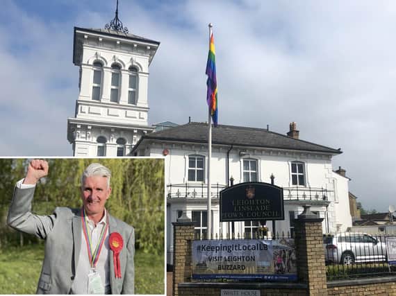 Flying the rainbow flag outside Leighton Linslade Town Council offices; (inset) Cllr Pat Carberry