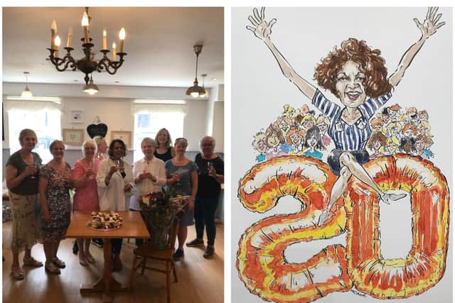 Caroline: "The morning gang (pictured, left) come in most days and fill the cafe with laughter." Right: Local artist Dan McShane presented Caroline with a 20th anniversary card today.