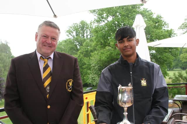 Leighton Buzzard Golf Club Captain Simon Rossiter with Boy's Champion Arnie Arkanath