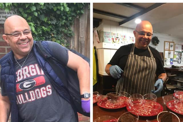 Left: Paul arriving at the shelter in May 2020 ready to be locked down for the 12 days. Right: Paul at the shelter doing Christmas Day prep. Photos: Paul Latimer.