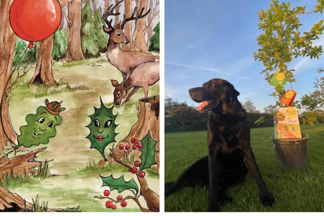 Oaky the Oak Leaf. Right: Marian’s labrador, the story and swatch booklets, and an oak tree gifted from a friend for the Edlesborough Carnival float.