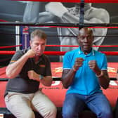 Buttle’s Managing Director Ian Church, Frank Bruno, and Buttle’s Commercial Manager Hannah Brunton. CREDIT: Kirsty Edmonds