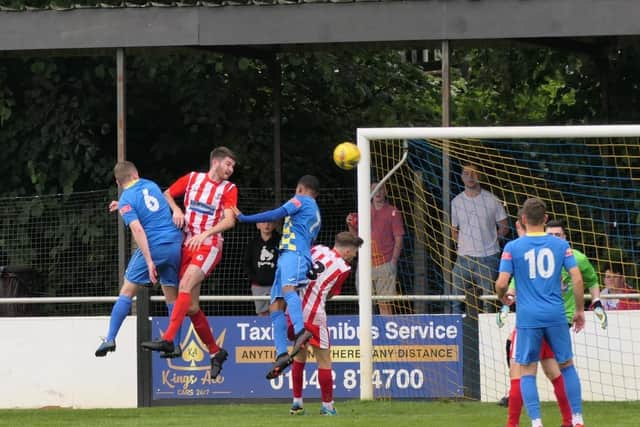 Goalmouth action between Leighton Town and Berkhamsted  (Pictures by Andrew Parker)